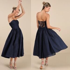 NWT Lulus Analeia Dark Navy Jacquard Lace-Up Strapless Midi Dress Prom Size XL